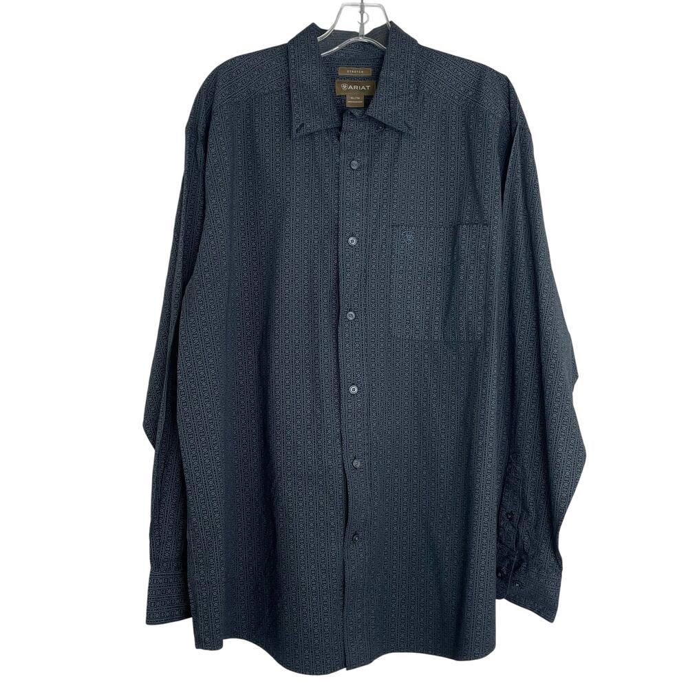 Ariat Stretch Gray Print Black Button Down Men's Shirt XL Western Work Cowboy